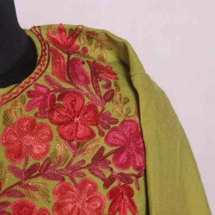 Sophisticated Parrot Green Cashmilon Pheran | Feran with Aari Detailing - Chattabal Collection - Image 3