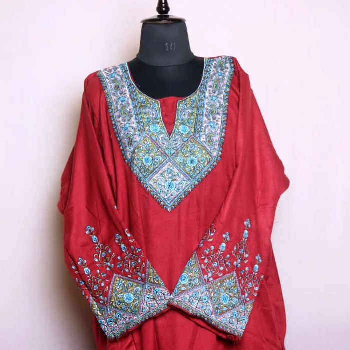 Maroon Needleworked Loose Pheran | Phiran Crafted from Cashmilon - Badamweer Collection