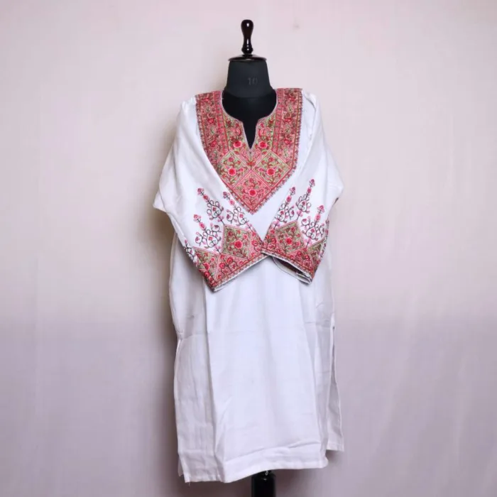 Stylish White Cashmilon Needleworked Loose Pheran | Phiran for a Graceful Look - Badamweer Collection - Image 2