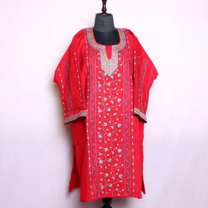 Red All-Over Needleworked Loose Pheran | Phiran in Cashmilon - Badamweer Collection