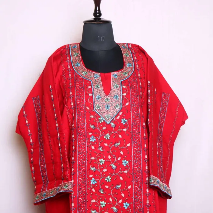 Red All-Over Needleworked Loose Pheran | Phiran in Cashmilon - Badamweer Collection - Image 2