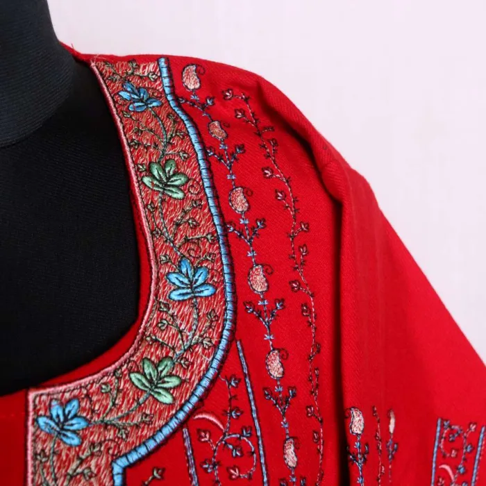 Red All-Over Needleworked Loose Pheran | Phiran in Cashmilon - Badamweer Collection - Image 3