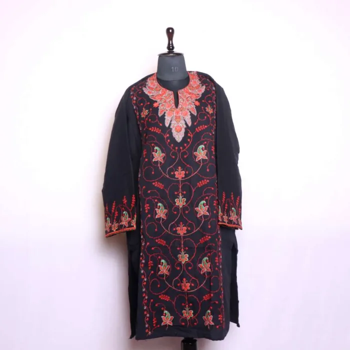 Black All-Over Needleworked Loose Pheran | Phiran with Cashmilon Comfort - Badamweer Collection