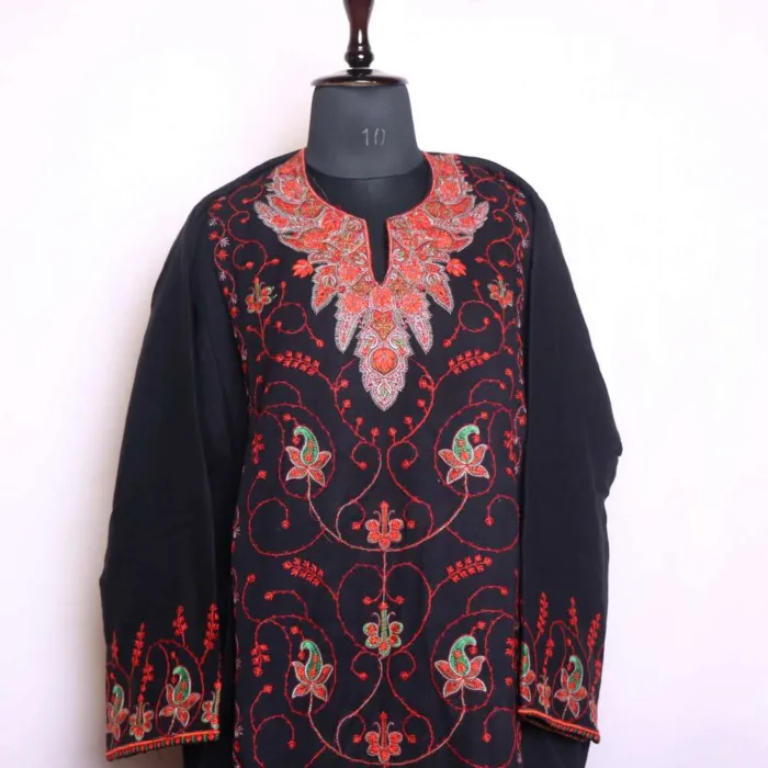 Black All-Over Needleworked Loose Pheran | Phiran with Cashmilon Comfort - Badamweer Collection - Image 2