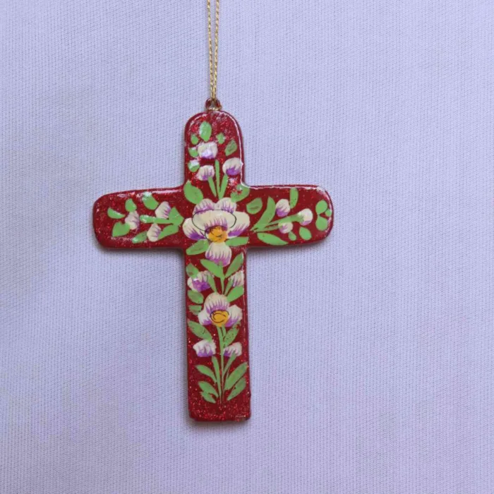 Set of 2 Dark Red Handcrafted Paper Machie Cross |  Hanging Artistic Religious Decor