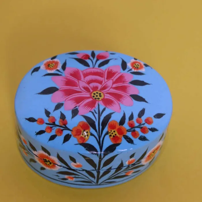 Sky Blue Handcrafted Small Paper Machie Box with Floral Art - Image 2