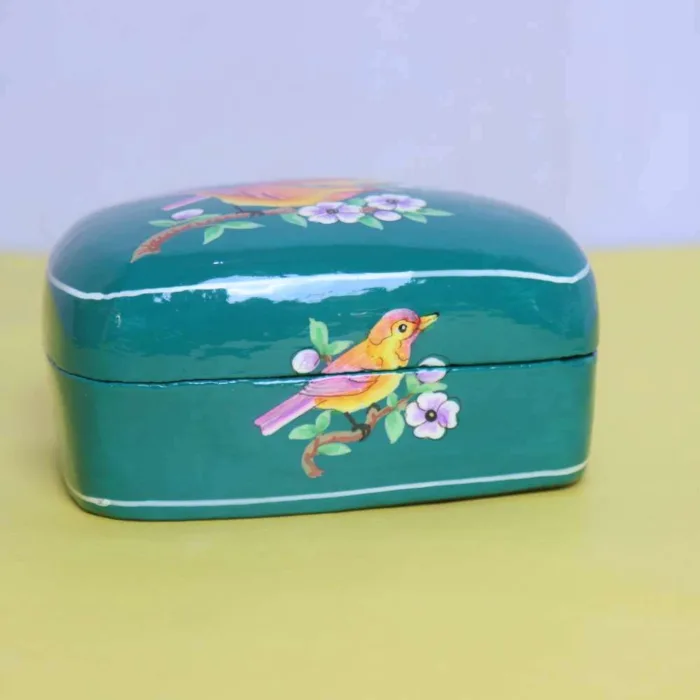 Teal Blue Handcrafted Paper Machie Box with Floral Art - Image 2