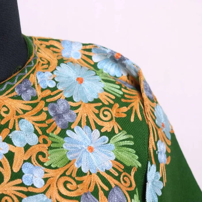 Elegant Green Front-Back Aari Embroidered Pheran in Cashmilon Fabric - Wazeer Bagh Collection - Image 3