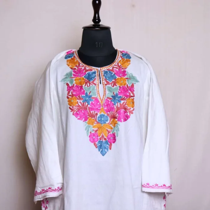 Stylish Aari Embroidered Loose Off-White Cashmilon Pheran | Phiran - Nowhatta Collection