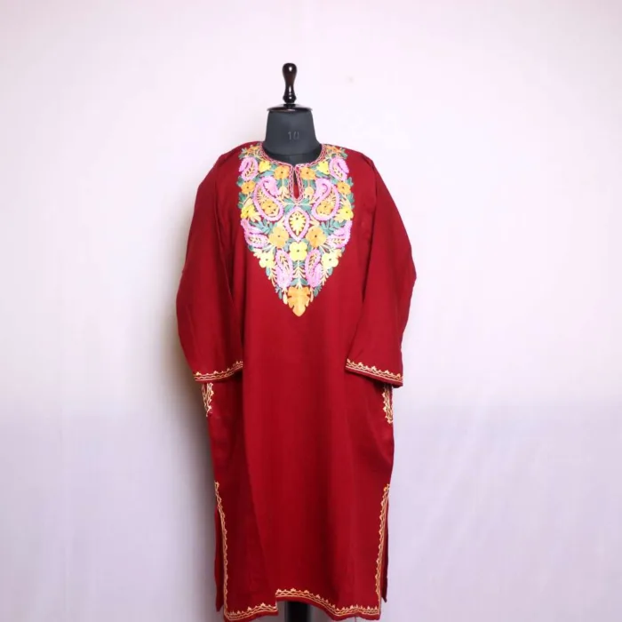 Graceful Maroon Pheran | Phiran in Cashmilon Fabric with Aari Work - Nowhatta Collection - Image 2