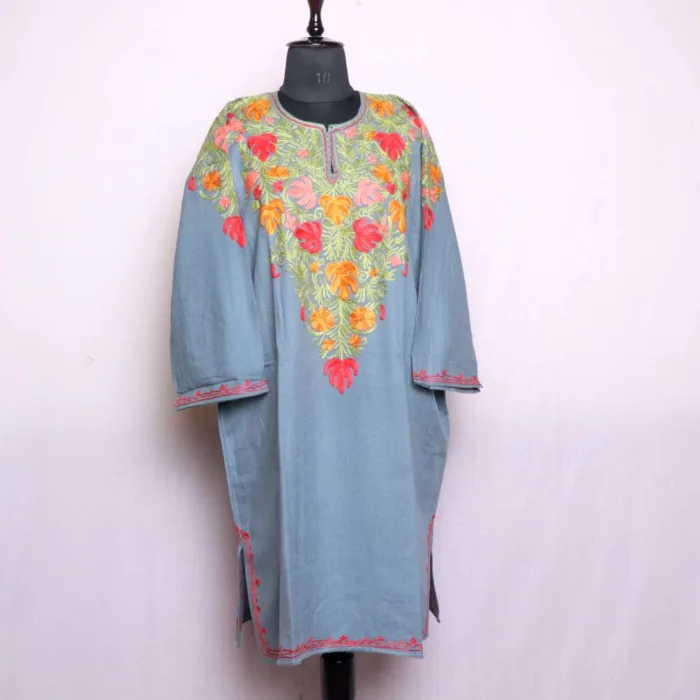 Stylish Grey Front-Back Aari Embroidery Pheran in Soft Cashmilon - Wazeer Bagh Collection - Image 2