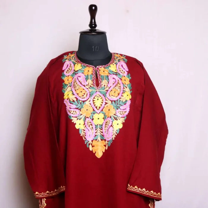 Graceful Maroon Pheran | Phiran in Cashmilon Fabric with Aari Work - Nowhatta Collection