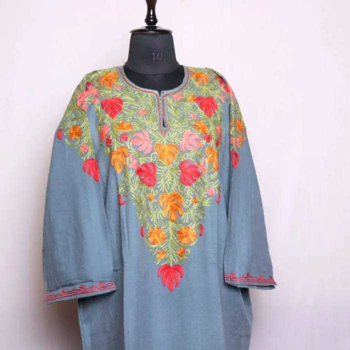 Stylish Grey Front-Back Aari Embroidery Pheran in Soft Cashmilon - Wazeer Bagh Collection