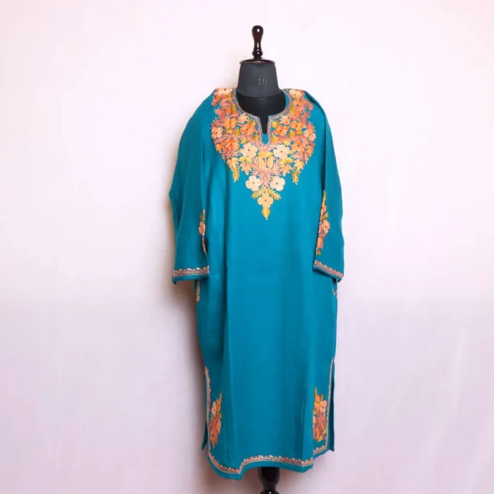 Designer Sea Green Pheran in Cashmilon with Front-Back & Corner Aari Detailing - Nowhatta Collection