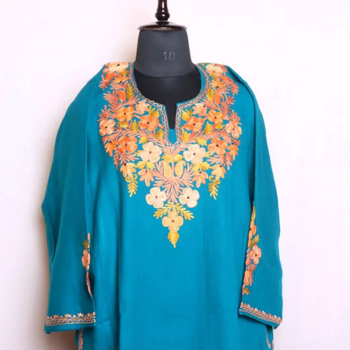 Designer Sea Green Pheran in Cashmilon with Front-Back & Corner Aari Detailing - Nowhatta Collection - Image 2