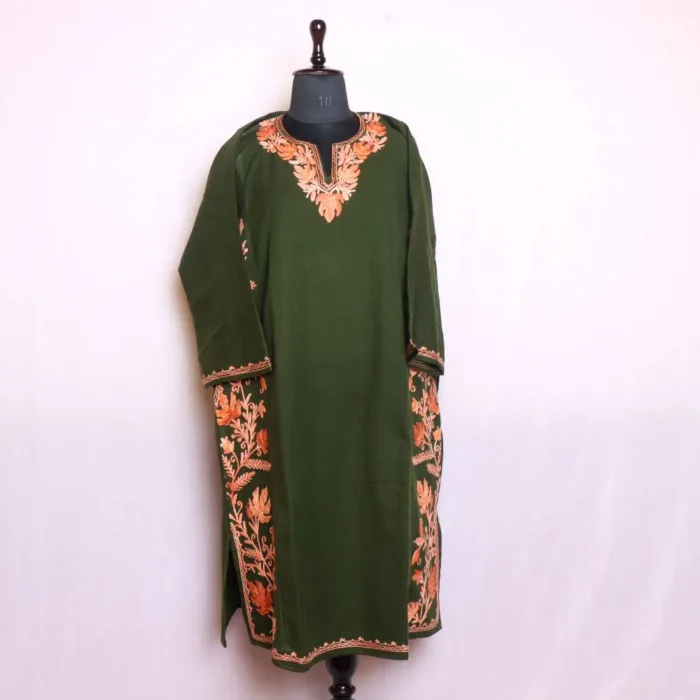 Stunning Olive Green Designer Side Panel Aari Embroidery Pheran in Cashmilon Fabric - Nowhatta Collection