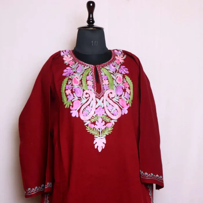 Adorable Maroon Aari Embroidered Pheran in Cashmilon - Nowhatta Collection