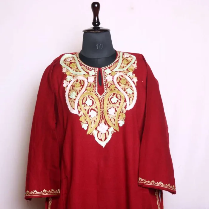 Adorable Aari Embroidered Maroon Pheran | Phiran in Cashmilon - Nowhatta Collection