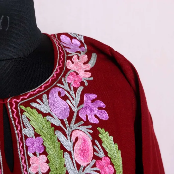 Adorable Maroon Aari Embroidered Pheran in Cashmilon - Nowhatta Collection - Image 3