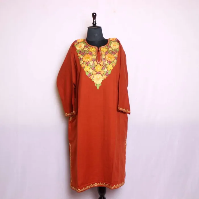 Rust Cashmilon Pheran with Aari Embroidery - Nowhatta Collection - Image 2