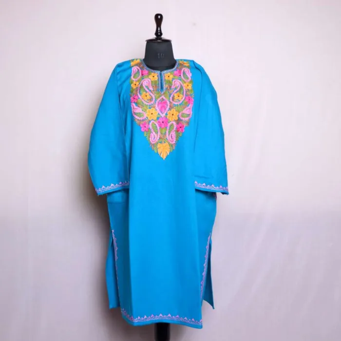 Azure Blue Cashmilon Pheran | Phiran with Aari Embroidery - Nowhatta Collection - Image 2