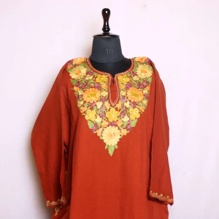 Rust Cashmilon Pheran with Aari Embroidery - Nowhatta Collection