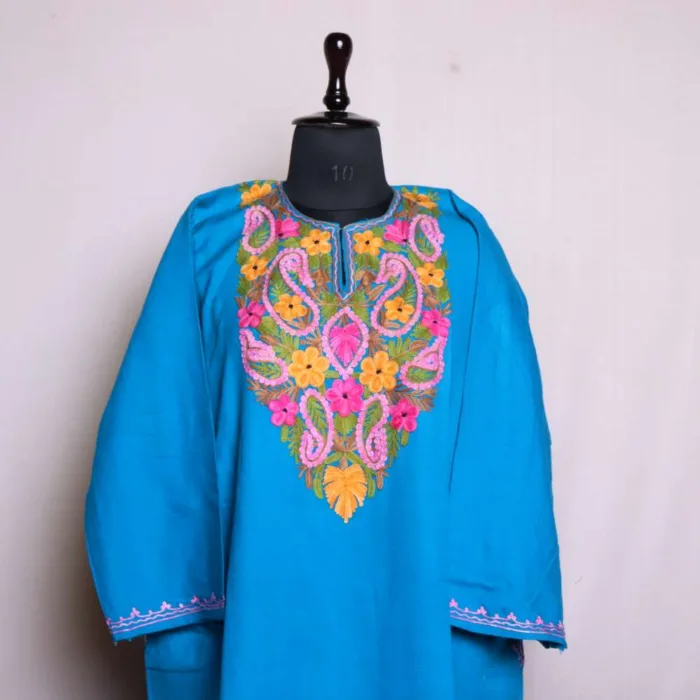 Azure Blue Cashmilon Pheran | Phiran with Aari Embroidery - Nowhatta Collection