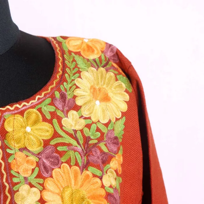 Rust Cashmilon Pheran with Aari Embroidery - Nowhatta Collection - Image 3