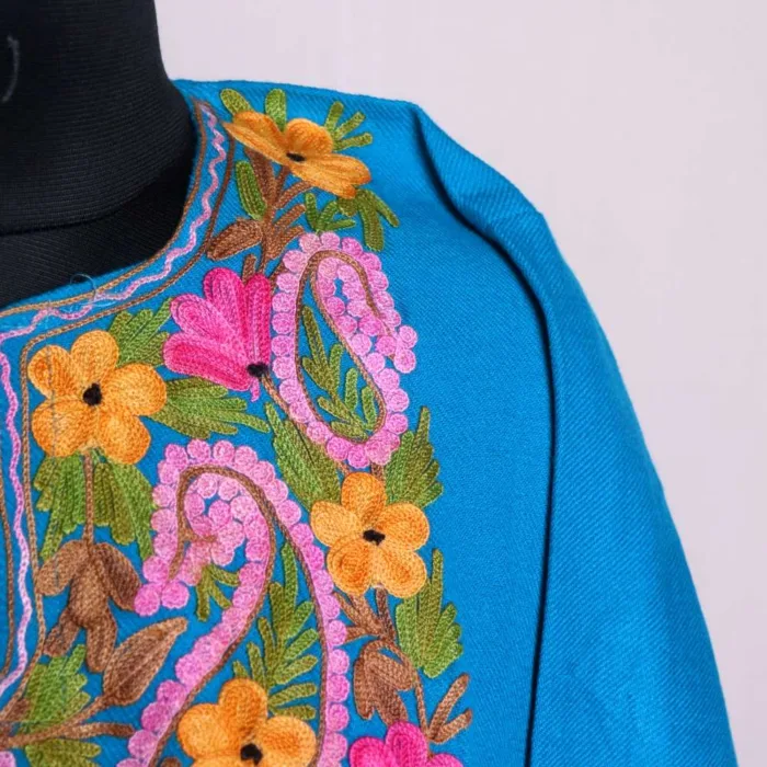 Azure Blue Cashmilon Pheran | Phiran with Aari Embroidery - Nowhatta Collection - Image 3