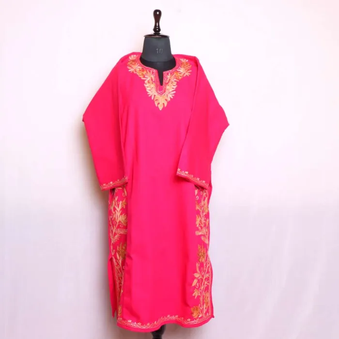 Exquisite Hot Pink Designer Side Panel Aari Embroidered Cashmilon Pheran for Winters - Nowhatta Collection