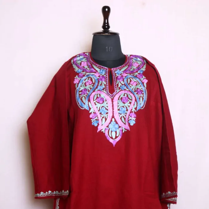 Adorable Maroon Aari Embroidered Pheran in Cashmilon - Nowhatta Collection