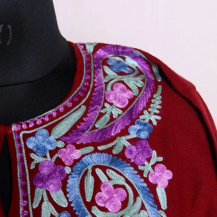 Adorable Maroon Aari Embroidered Pheran in Cashmilon - Nowhatta Collection - Image 3