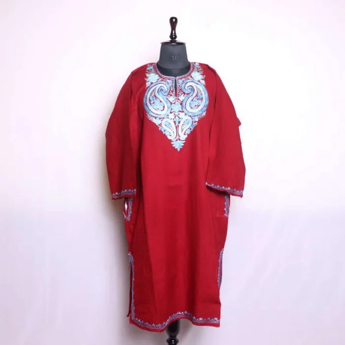 Classic Aari Worked Maroon Pheran | Phiran in Cashmilon Fabric - Nowhatta Collection - Image 2