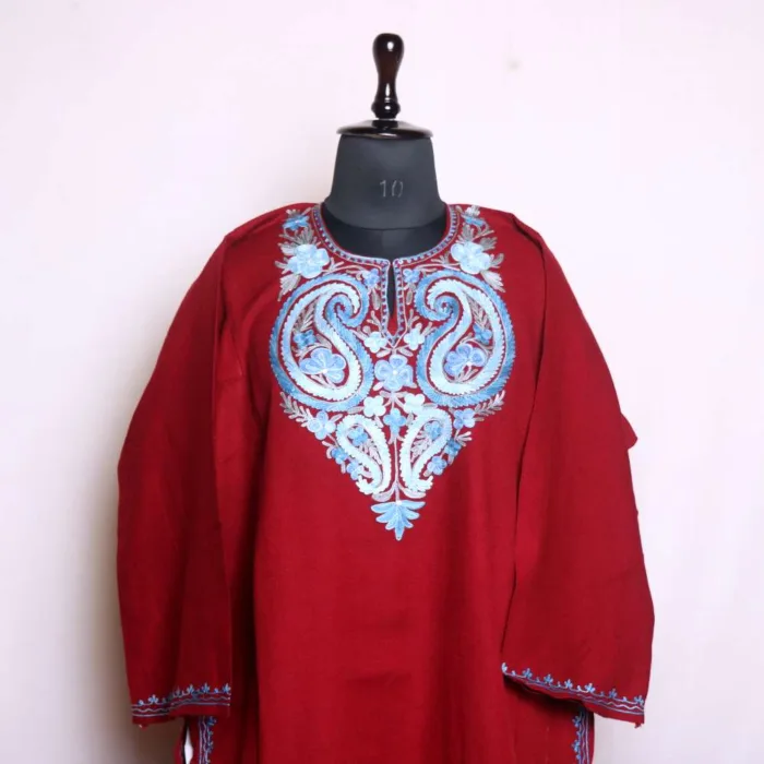 Classic Aari Worked Maroon Pheran | Phiran in Cashmilon Fabric - Nowhatta Collection