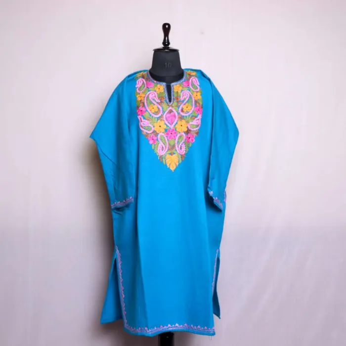 Azure Blue Cashmilon Pheran | Phiran With Artistic Aari Embroidery ...