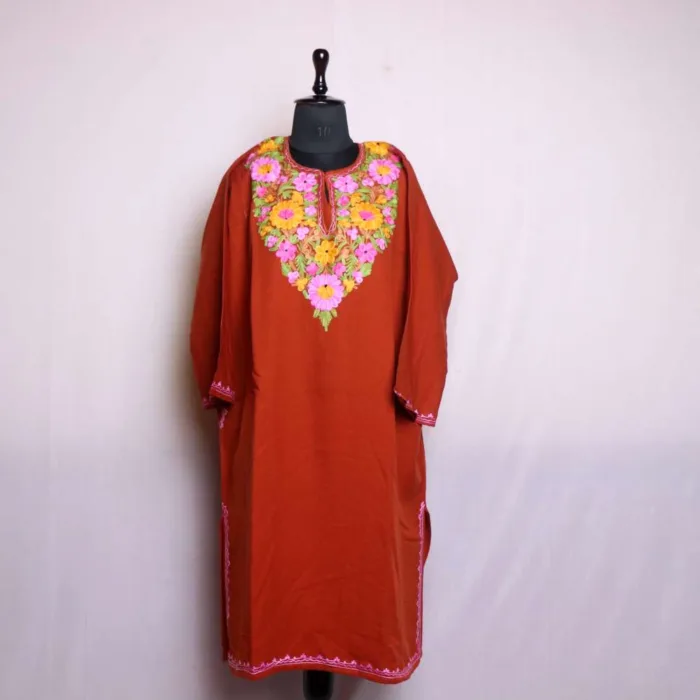 Exquisite Rust Aari Embroidered Cashmilon Pheran | Phiran for Women - Nowhatta Collection - Image 2