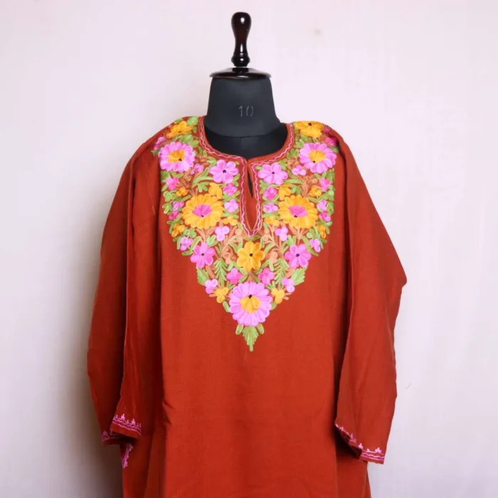 Exquisite Rust Aari Embroidered Cashmilon Pheran | Phiran for Women - Nowhatta Collection