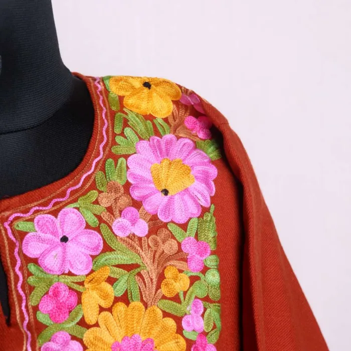 Exquisite Rust Aari Embroidered Cashmilon Pheran | Phiran for Women - Nowhatta Collection - Image 3