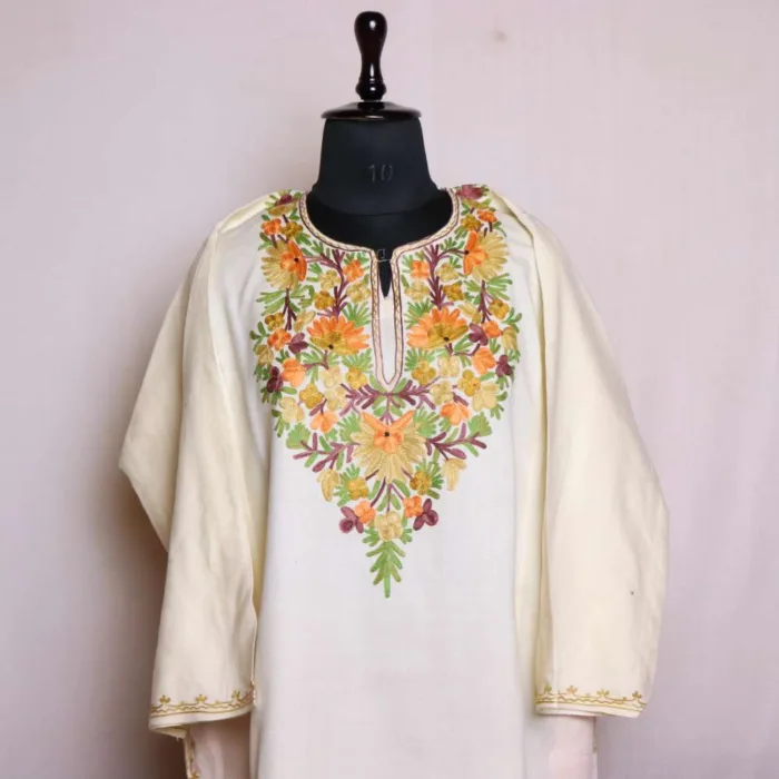 Warm and Stylish Cashmilon Cream Pheran | Phiran with Beautiful Aari Work - Nowhatta Collection