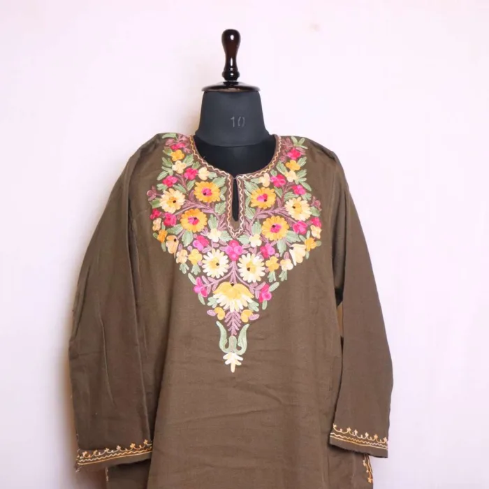 Exquisite Aari Embroidered Beige Cashmilon Pheran | Feran for Women - Nowhatta Collection