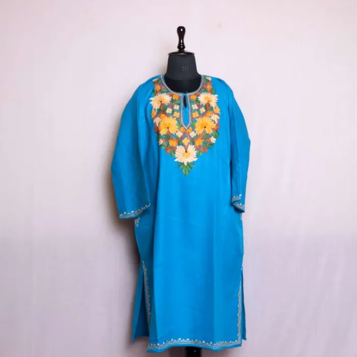 Vivid Sky Blue Cashmilon Fabric Pheran | Feran with Aari Embroidery - Nowhatta Collection - Image 2