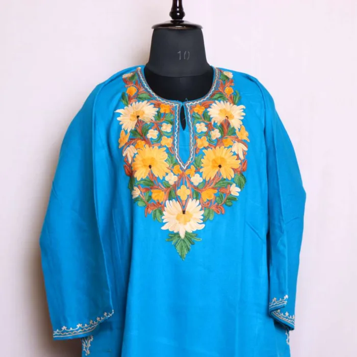 Vivid Sky Blue Cashmilon Fabric Pheran | Feran with Aari Embroidery - Nowhatta Collection