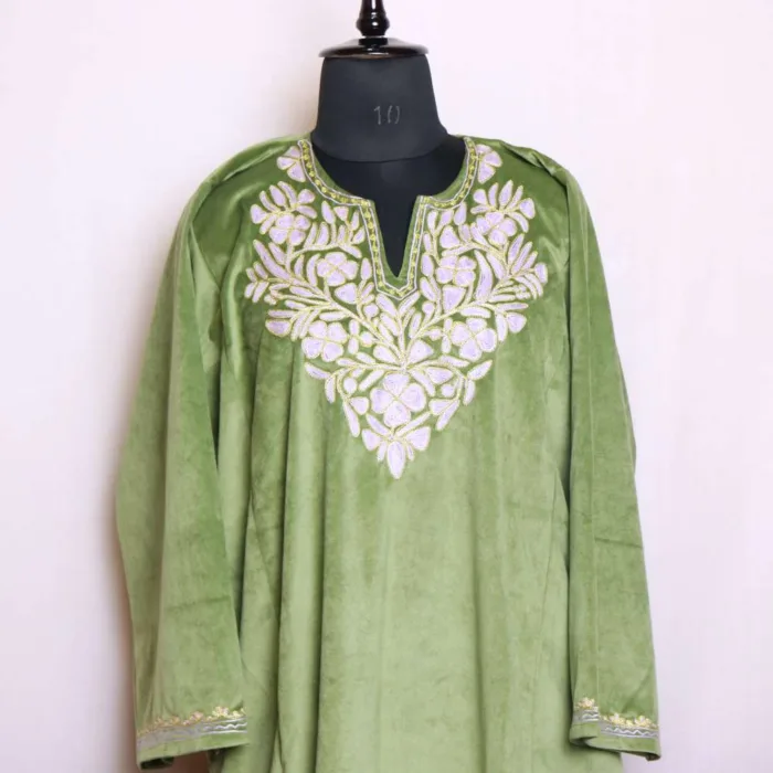 Exquisite Olive Velvet Pheran with Beautiful Aari and Zari Embroidery - Nowhatta Collection