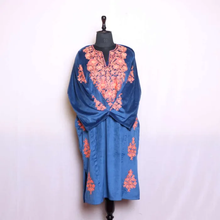 Elegant Royal Blue Designer Velvet Pheran with Aari and Zari Embroidery - Nowhatta Collection