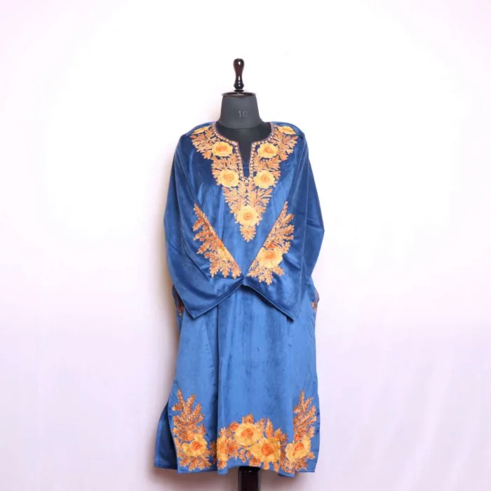 Royal Blue Designer Aari and Zari Embroidered Velvet Pheran for Women - Nowhatta Collection