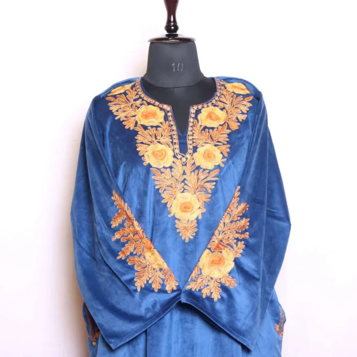 Royal Blue Designer Aari and Zari Embroidered Velvet Pheran for Women - Nowhatta Collection - Image 2