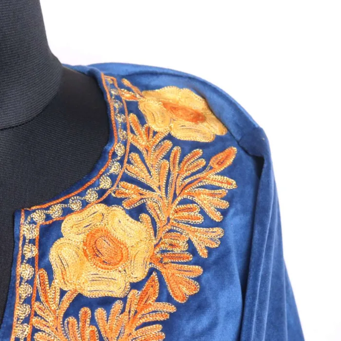 Royal Blue Designer Aari and Zari Embroidered Velvet Pheran for Women - Nowhatta Collection - Image 3