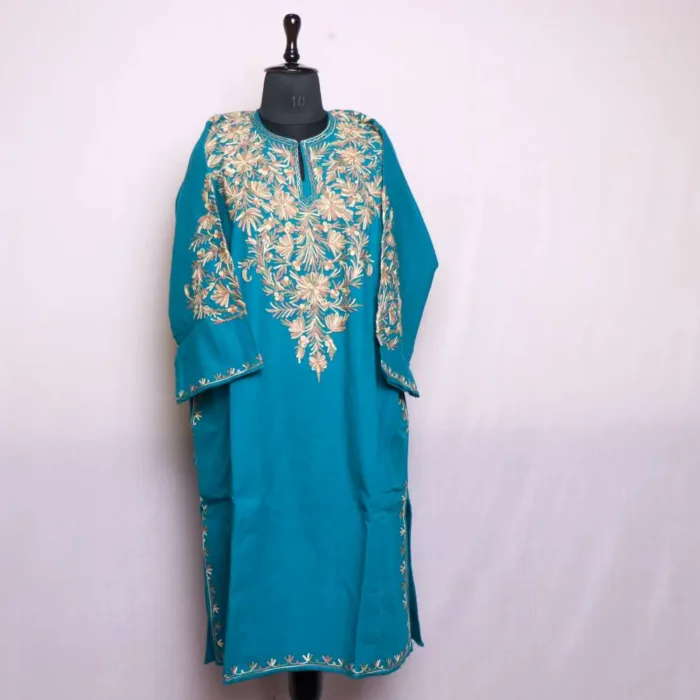 Elegant Aqua Blue Front-Back Aari Embroidered Pheran in Soft Cashmilon Fabric - Badamweer Collection - Image 2