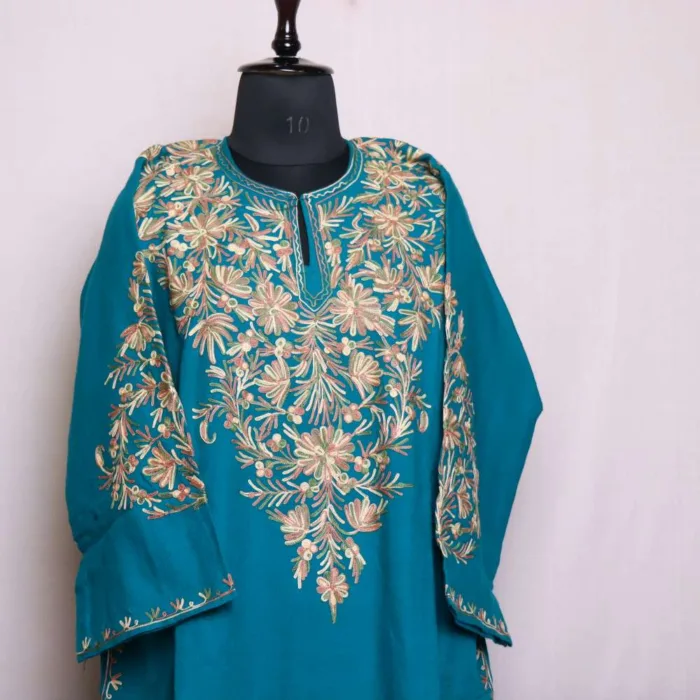 Elegant Aqua Blue Front-Back Aari Embroidered Pheran in Soft Cashmilon Fabric - Badamweer Collection