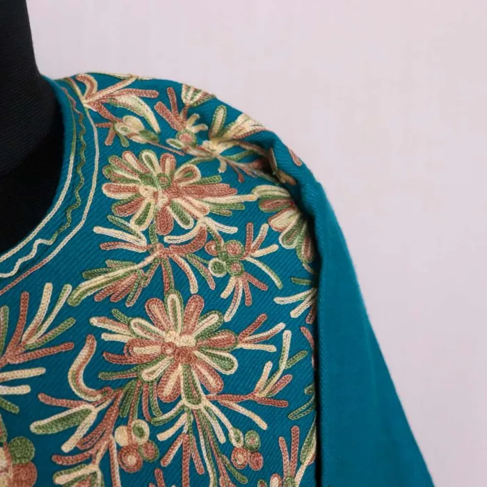 Elegant Aqua Blue Front-Back Aari Embroidered Pheran in Soft Cashmilon Fabric - Badamweer Collection - Image 4